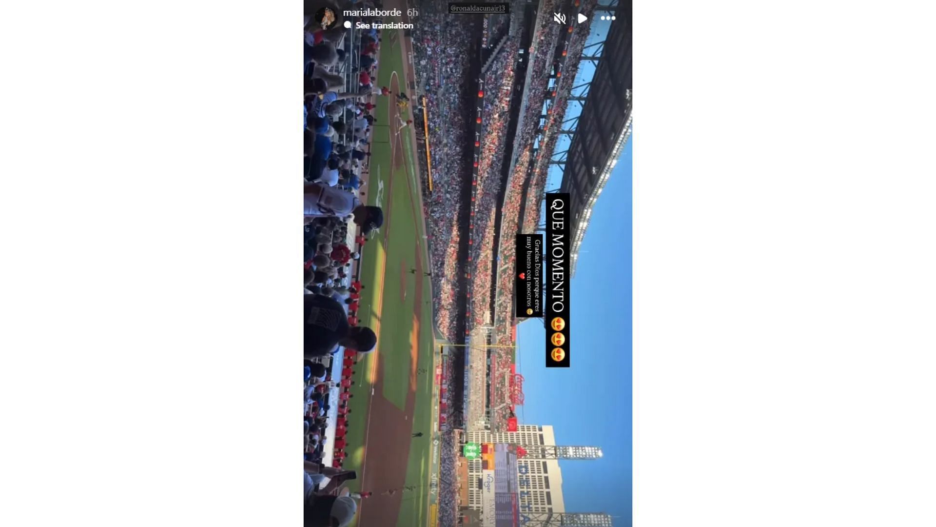 Maria Laborde's Instagram story after Ronald Acuna Jr.'s first home run back from injury (Source: @marialaborde)